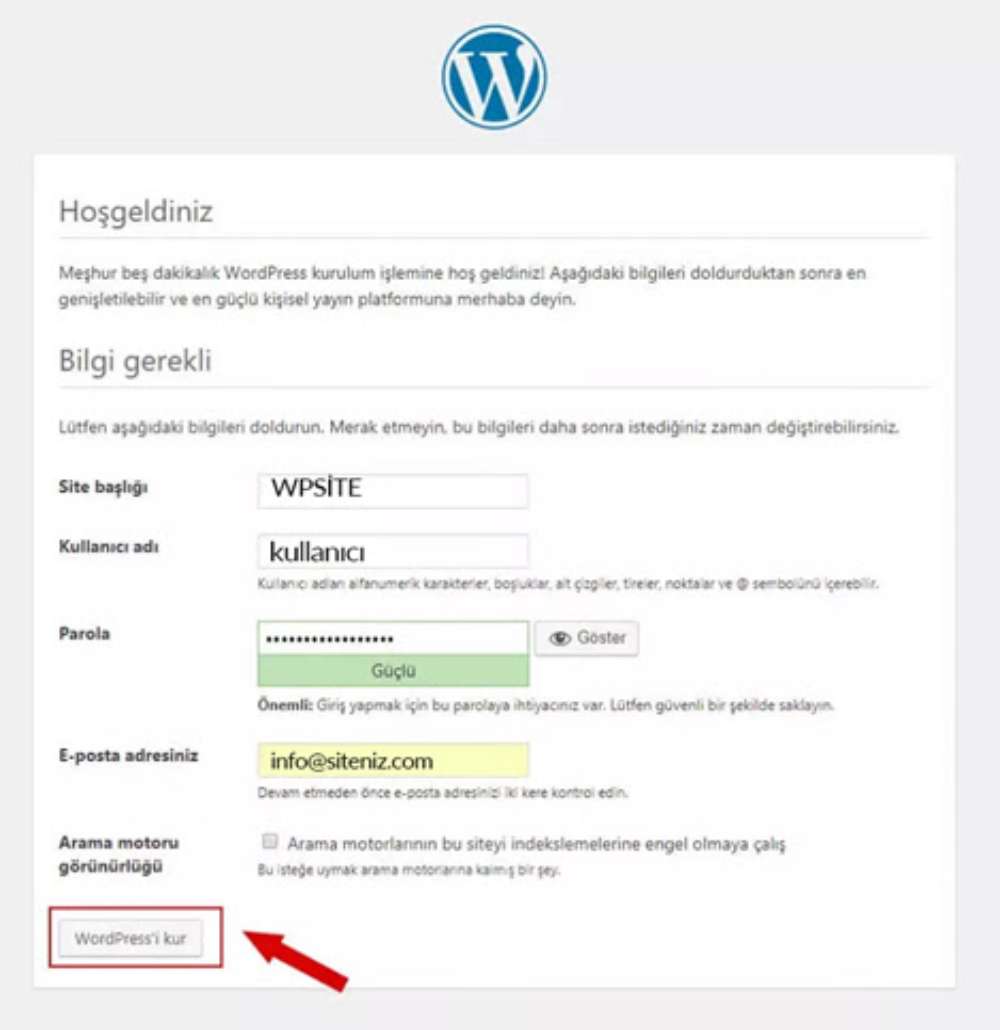wordpress kurulumu baslangic ekrani 3