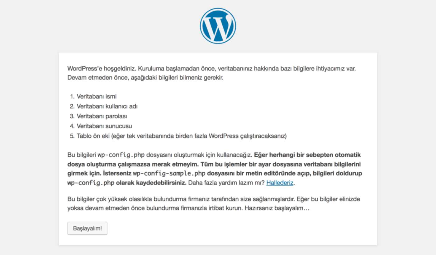 wordpress kurulumu baslangic ekrani