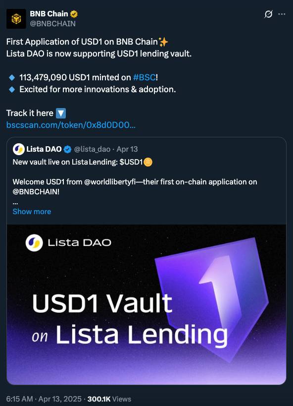 BNB Chain USD1 Twitter